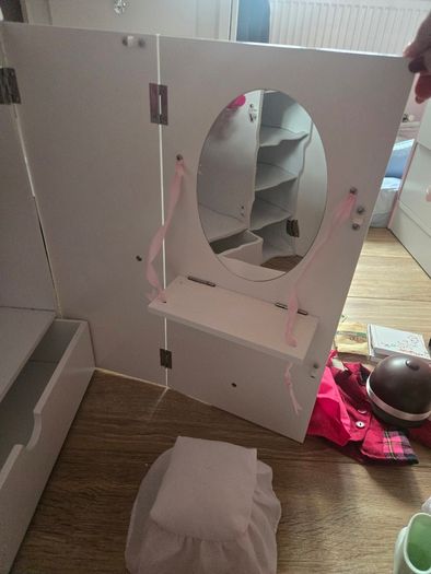 Our Generation doll wardrobe with dresser and stool