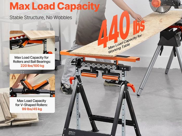 4-in-1 Roller Stand, 200 kg(440 lb) Load Capacity, 84-127 cm(33-50 in) Adjustable Height, Folding Heavy Duty with Rack & Polished Multi-directional Roller Head, for Table Saw Outfeed Woodworking Extension Support