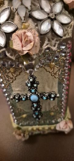 Stunning Vintage Style Altered Art Glass Bottle  Decorative Cross and Floral Detail