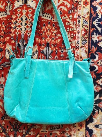 Turquoise Leather Tote, 16.5" x 12"