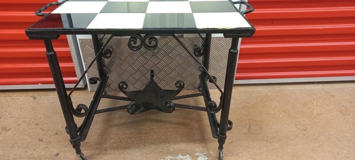 1960 wrought Iron French Brutalist style table nice solid on wheels Very Nice
