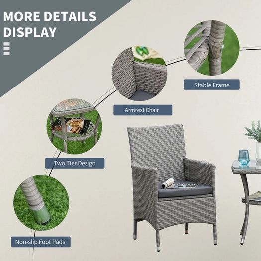 3PC Rattan Bistro Set 2 Armchair Glass Top Coffee Table Wicker Weave Furniture for Garden Outdoor Balcony Patio