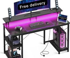 Gaming Desk with LED Lights, 120x50 cm Computer desk with Power Outlets