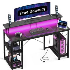 Gaming Desk with LED Lights, 120x50 cm Computer desk with Power Outlets