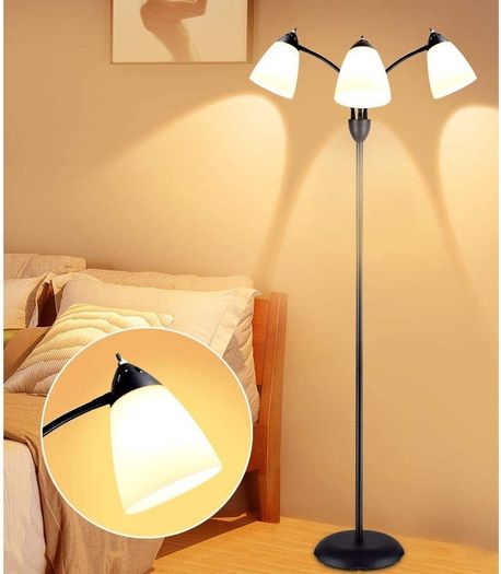 3-Light Floor Lamp, Modern LED Standing Floor Lights with E27 Bulbs Base, Adjustable Reading Light for Bedroom, Living Room, Library, Office, Matt Black (FREE POSTAGE)