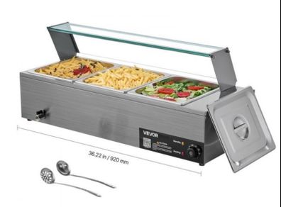 Post extra 6 euro or collection in balbriggan   NEW  220v 3 pin plug ,Commercial Food Warmer, 1500W Electric Stainless Steel Steam Food Warmer with Glass Cover, 3- Pan Countertop Buffet Bain Marie with Soup & Perforated Ladles, for Catering, Restauran