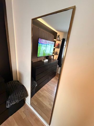 brass mirror with led strip lighting + drawers