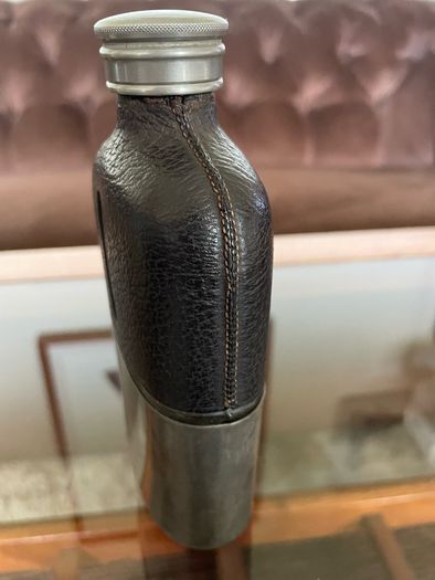 Edwardian Pewter Glass and Leather Gentlemans Hip Flask