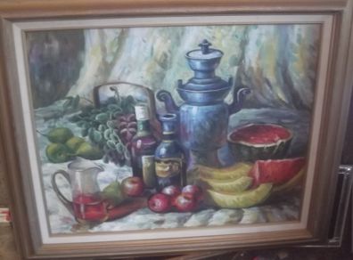 a large oil painting on canvas of a still life signd harris
