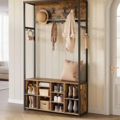 Industrial Coat Rack with Shoe Bench Hall Tree