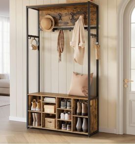 Industrial Coat Rack with Shoe Bench Hall Tree