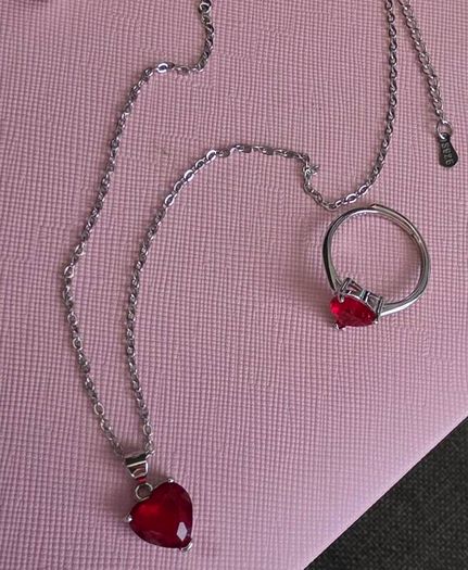 Sterling silver red heart drop earrings ring and pendant necklace set  New