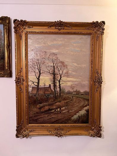Large French oil painting in antique frame