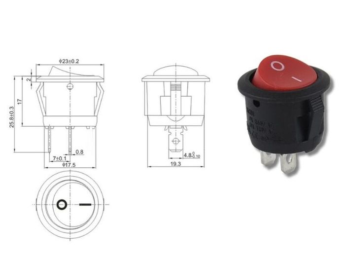 Round Rocker ON/OFF Switch KCD1-2  Available in Red or Black.