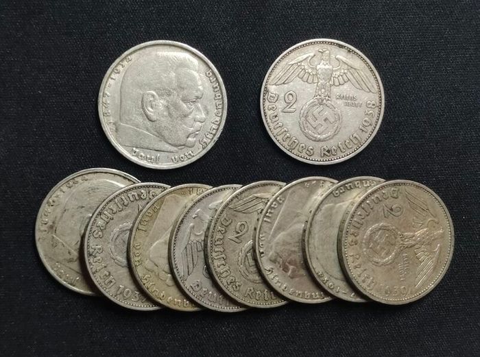 10 x 2 Reichsmark 1937-1939 - Random Mixed Lot, Duplicates Possible