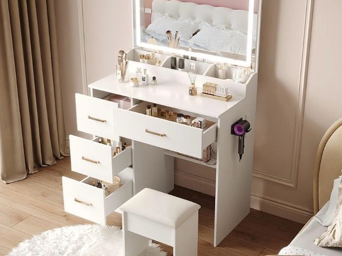 Dressing Table with Mirror and Stool: Vanity Desk Makeup Table with Mirror and Chair - Dressings-Table with LED Lights, 3 Color, Adjustable Brightness, Hairdryer Holder for Girls,Bedroom