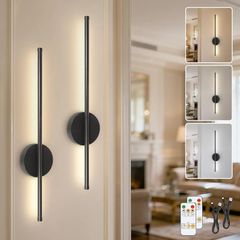 Black Rechargeable Wall Lights with Remote Control - 60CM Modern Battery Operated Wall Lights Indoor for Living Room Bedroom - 3 Color Temperatures Wireless Wall Sconces 2 PackBlack Rechargeable Wall Lights with Remote Control - 60CM Modern Battery Operat