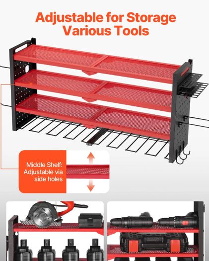 Heavy Duty Wall Mounted Power Tool Organiser  4 Tier Garage Storage Rack with 8 Drill Holders