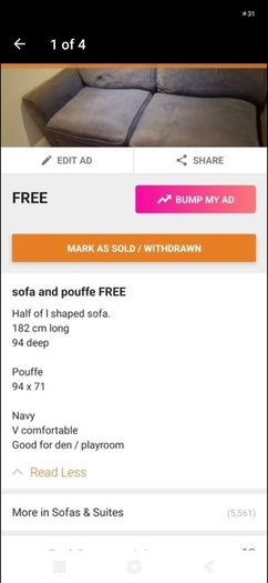 free sofa and large pouffe