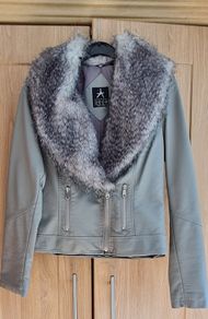 Grey Leather Jacket- Removable Fur- Size 6