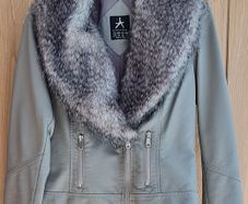 Grey Leather Jacket- Removable Fur- Size 6