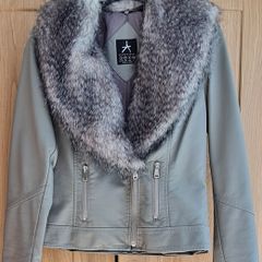 Grey Leather Jacket- Removable Fur- Size 6