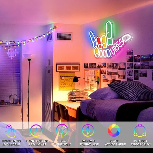 Good Vibes Neon Sign, Dimmable Gesture Neon Signs With Switch, Colorful USB Powered LED Light Up Signs for Wall Decor, Game Room, Bedroom, Party Club Decor