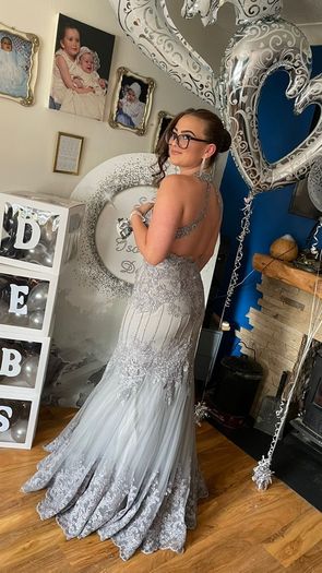 silver grey long debs dress