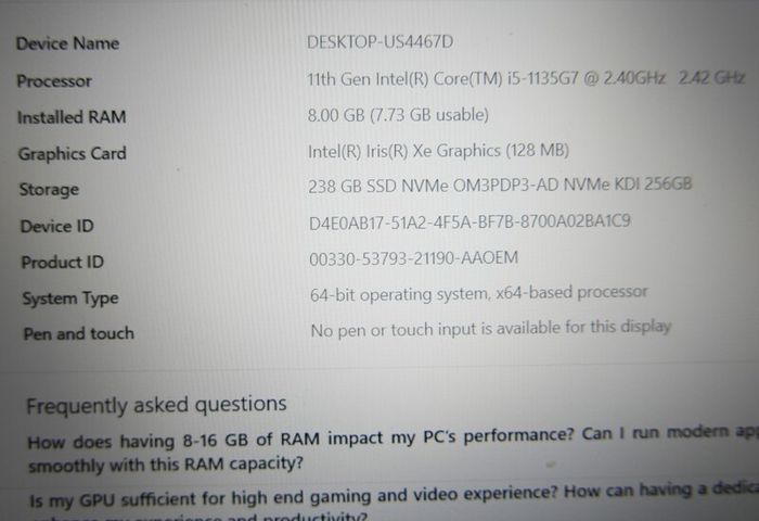 Laptop Dell Vostro 3500 Win11 8gb Ram 256gb Ssd I5-1135g7 Cpu