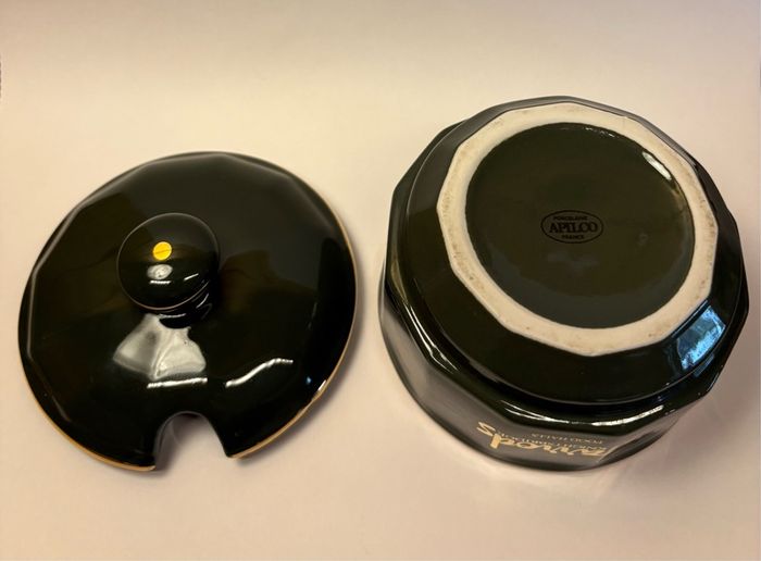 Vintage Harrods Food Halls Apilco France Lidded Preserve Pot / Sugar Bowl Green & Gold