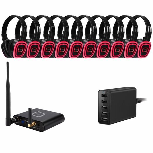 Q-Audio 10 Way Silent Disco Bundle with Bluetooth Transmitter & Charger