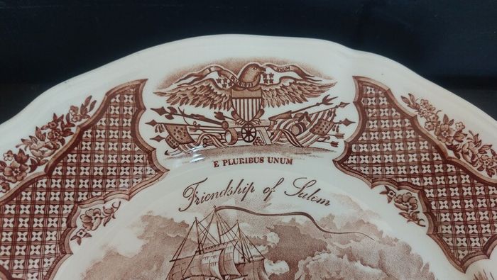 Vintage Set of Six Brown and White Fair Winds, Historical Scenes of Chinese Export to America - "The Friendship of Salem" Large Dinner Plates by Alfred Meakin