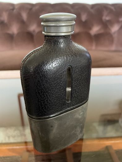 Edwardian Pewter Glass and Leather Gentlemans Hip Flask