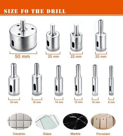 Diamond Drill Bit, Hole Saw Drill Bits Tools Set for Glass/Tile/Ceramic/Marble/Porcelain Cutting, Hollow Core Drill Bits Cutter with Diamond Coating, Carbon Steel 8mm-50mm 10 PCS