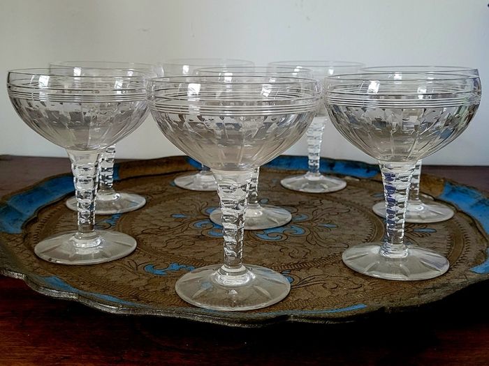 Mid-century Stuart England "Oleta" cut crystal champagne coupes x 8
