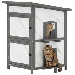 Outdoor cat house, wooden house for cats, multiple entrances, window, waterproof, 60 x 60 x 88 cm, White