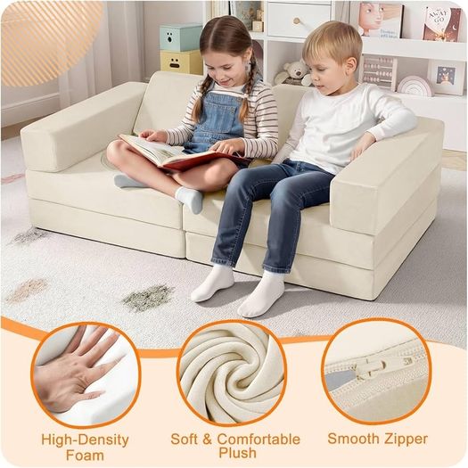 10-Pieces Kids Play Sofa, Modular Toddler Chair Couch, Beige Toddler Couch with Fold Out Foam Design, Convertible Sectional Playset For Girls Boys Bedroom Playroom