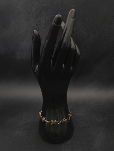 Vintage 925 Sterling Silver & Dark Brown Natural Baltic Amber Bracelet