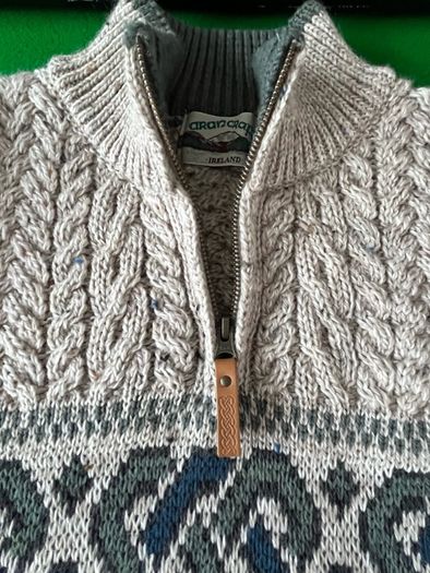 Aran Crafts Celtic Jacquard Zip Sweater | Oatmeal size L