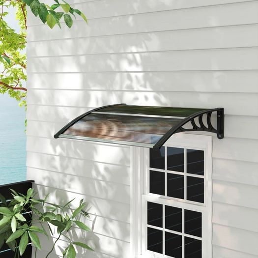 Curved Window Door Canopy Aluminium Rigid Plastic Polycarbonate Fixed Outdoor Awning Modern Design UV Water Rain Resist 100 x 75cm Brown