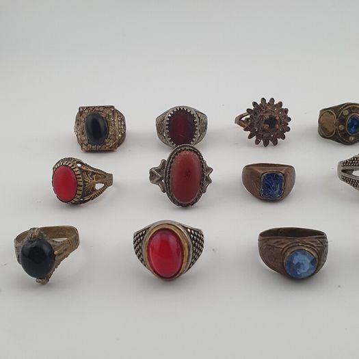 15 Antique Style Brass Rings Mixed Stone & Colourful Glass Accents