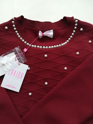 Red Burgundy knitted dress with pearls, size 12