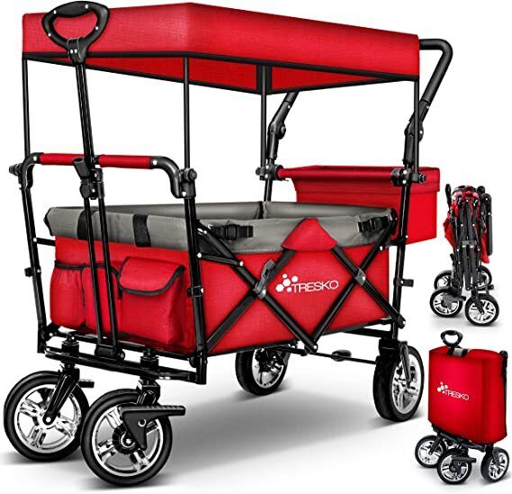 folding handcart with roof, handcart with 3-point belt system, foldable garden trolley, transport trolley with solid rubber tyres, brake and carry bag, green