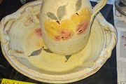 Beautiful Old Glazed Stoneware Ceramic Jug and Bowl featuring a hand painted fruit, Postage Available
