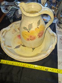 Beautiful Old Glazed Stoneware Ceramic Jug and Bowl featuring a hand painted fruit, Postage Available