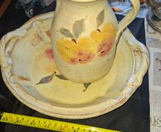 Beautiful Old Glazed Stoneware Ceramic Jug and Bowl featuring a hand painted fruit, Postage Available