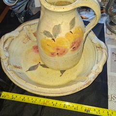 Beautiful Old Glazed Stoneware Ceramic Jug and Bowl featuring a hand painted fruit, Postage Available