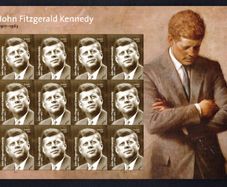 2017 USA John Fitzgerald Kennedy (1917-1963) Commemorative Stamp Sheet of 20 Plate BII Mint Never Hinged (MNH). Note perforations the sheet was folded in the boot right