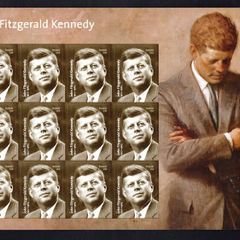 2017 USA John Fitzgerald Kennedy (1917-1963) Commemorative Stamp Sheet of 20 Plate BII Mint Never Hinged (MNH). Note perforations the sheet was folded in the boot right
