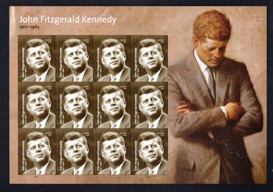 2017 USA John Fitzgerald Kennedy (1917-1963) Commemorative Stamp Sheet of 20 Plate BII Mint Never Hinged (MNH). Note perforations the sheet was folded in the boot right